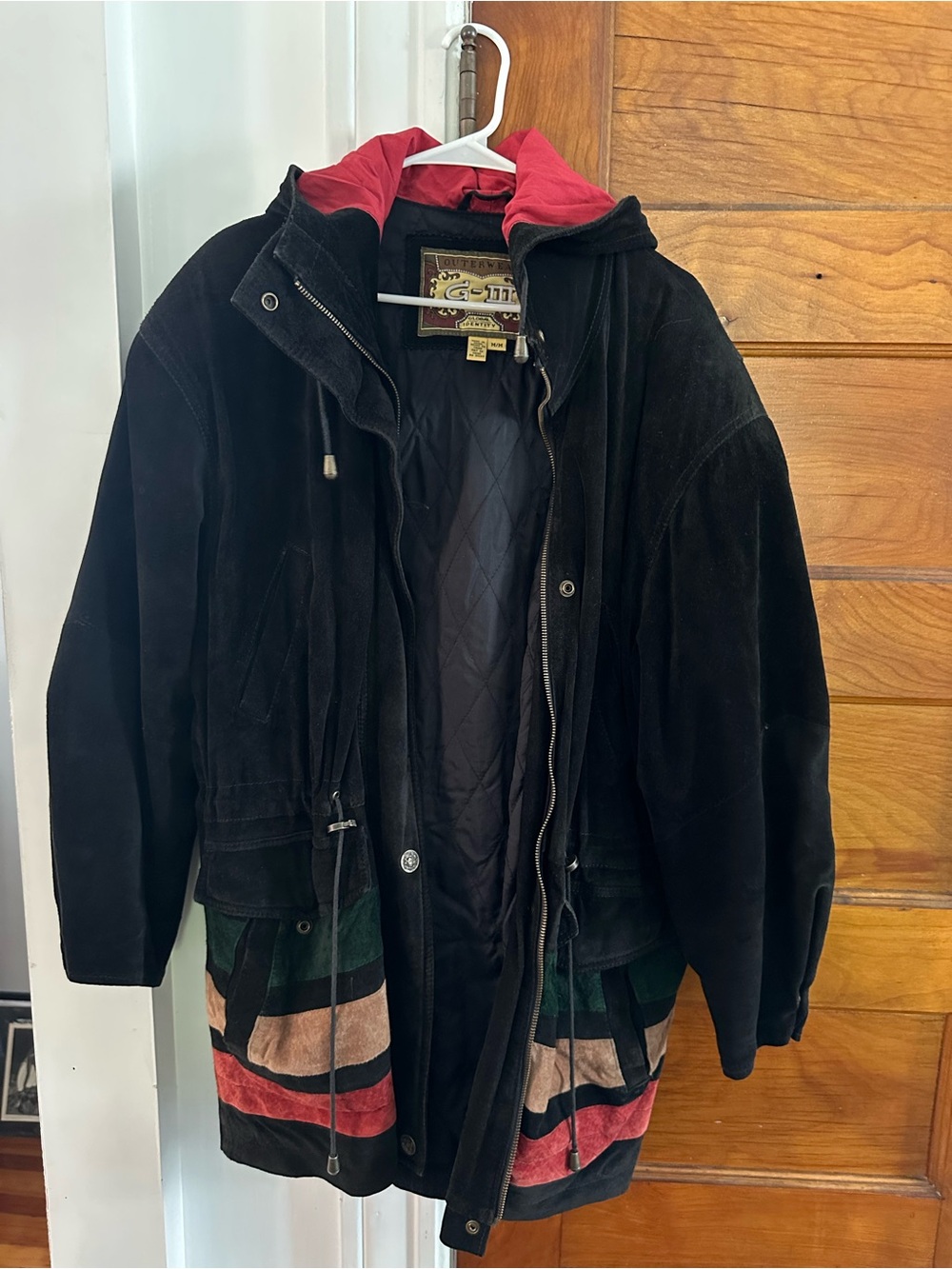 Vintage Black leather/Suede Jacket with Red Hood